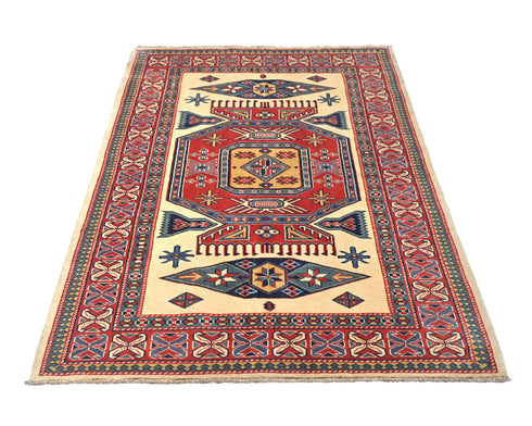 3x5 Ft Shirvan Beige Red Afghan Hand Knotted Geometric Wool Area Rug